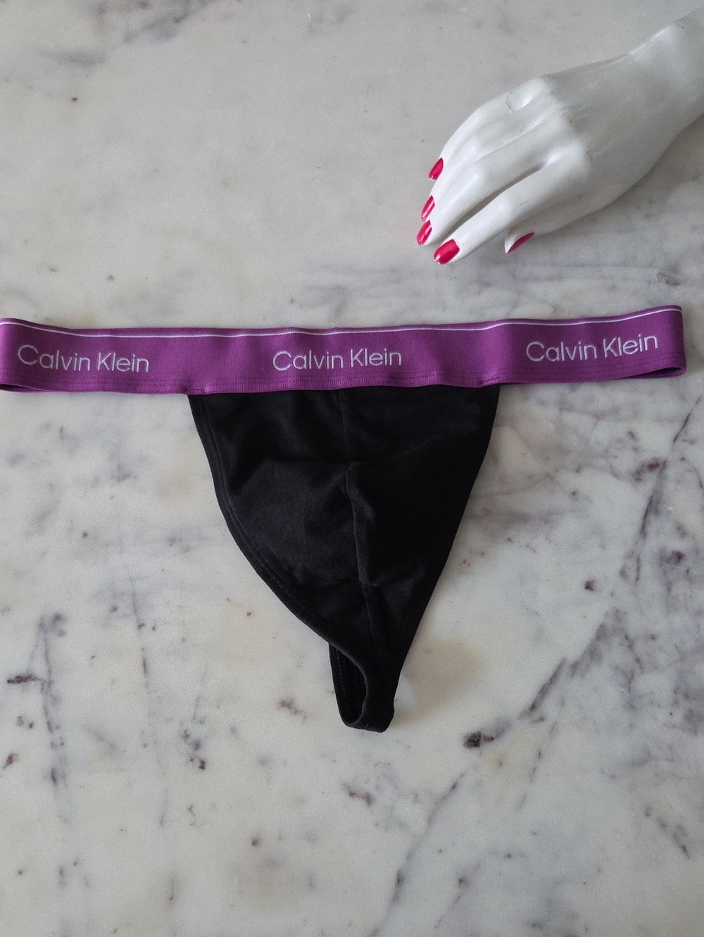 Calvin Klein Black Thong with Purple Logo Waistband Sz L